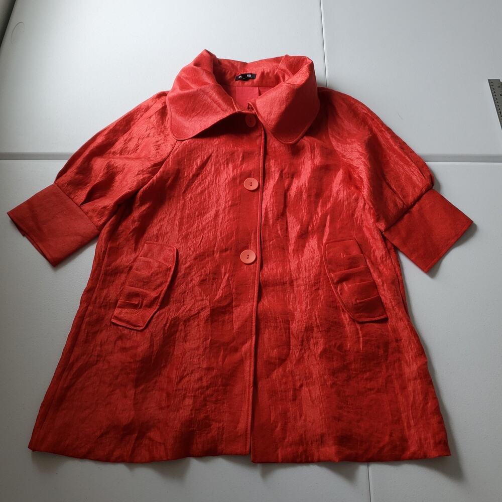 Damee Coat Womens Small Red Taffeta 3/4 Sleeve Button Pleated Jacket Pockets